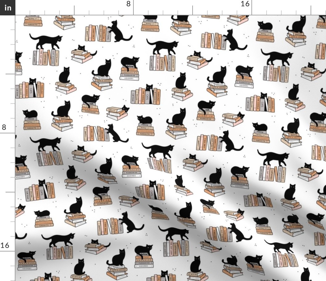 Library of cats and books kitten and cat lovers reading theme design neutral beige gray on white 