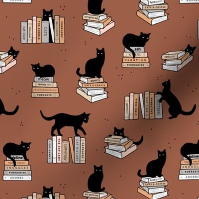Library of cats and books kitten and cat lovers reading theme design neutral beige gray on rust copper stone red brown