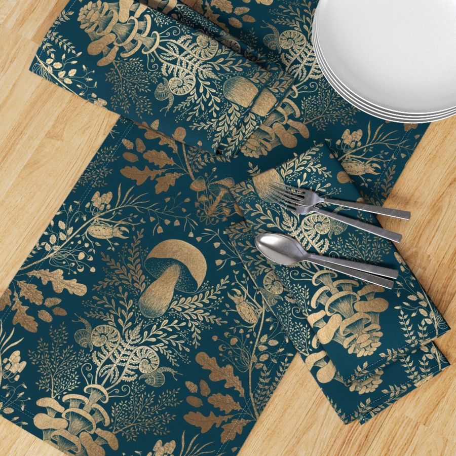 Mushroom forest damask wallpaper dark Teal and Gold