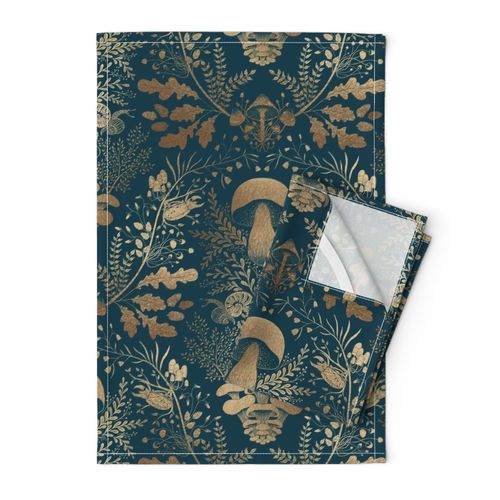 Mushroom forest damask wallpaper dark Teal and Gold