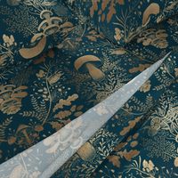 Mushroom forest damask wallpaper dark Teal and Gold