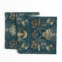 Mushroom forest damask wallpaper dark Teal and Gold