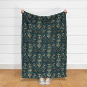 Mushroom forest damask wallpaper dark Teal and Gold