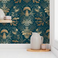 Mushroom forest damask wallpaper dark Teal and Gold