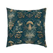 Mushroom forest damask wallpaper dark Teal and Gold