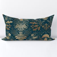 Mushroom forest damask wallpaper dark Teal and Gold