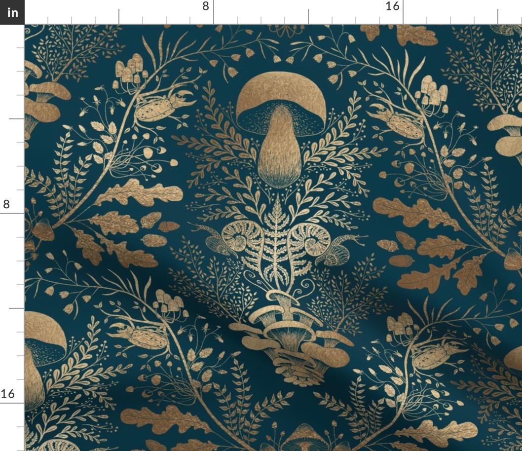 Mushroom forest damask wallpaper dark Teal and Gold