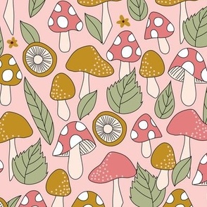 Boho Mushroom and Leaves Woodland in Pink Mustard Green