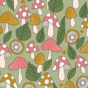 Boho Mushroom and Leaves Woodland in Pink Green