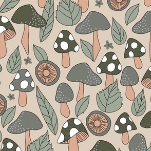 Boho Mushroom and Leaves Woodland in Green and Beige neutral