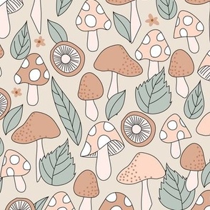 Muted Mushroom and Leaves Boho Woodland in pink tan sage