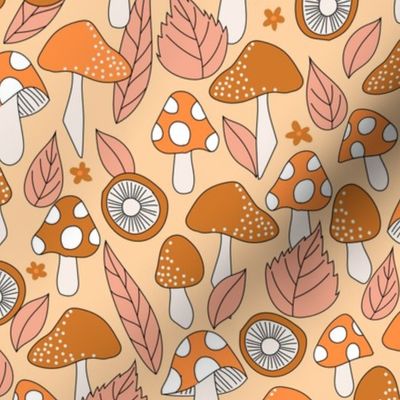 Woodland Mushroom and Leaves Boho fall in orange brown yellow