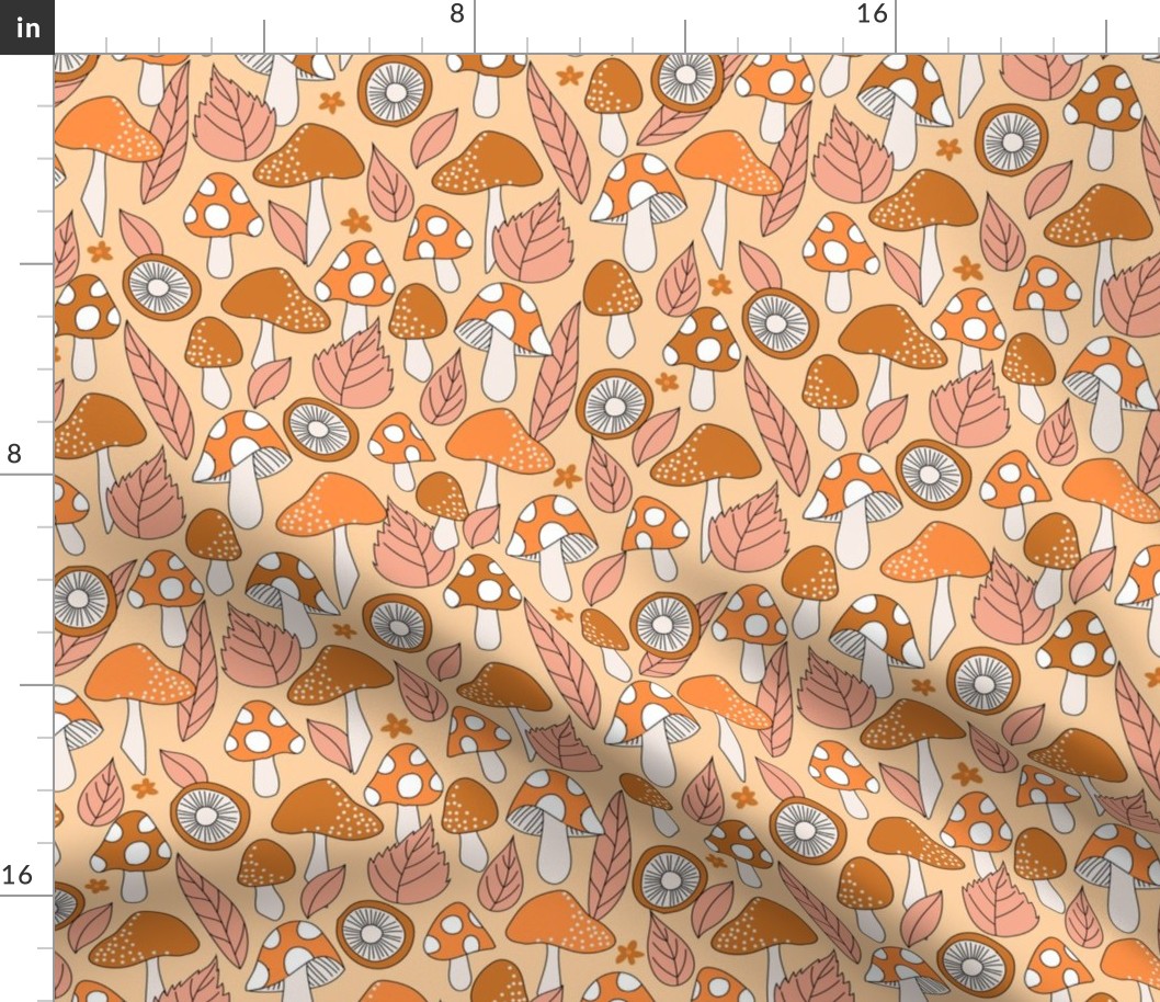 Woodland Mushroom and Leaves Boho fall in orange brown yellow