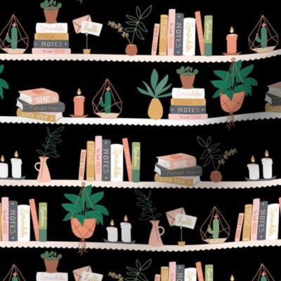 Sweet Scandinavian interior bookcase with plants and candles green neutral on black 