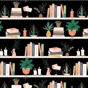 Sweet Scandinavian interior bookcase with plants and candles green neutral on black 