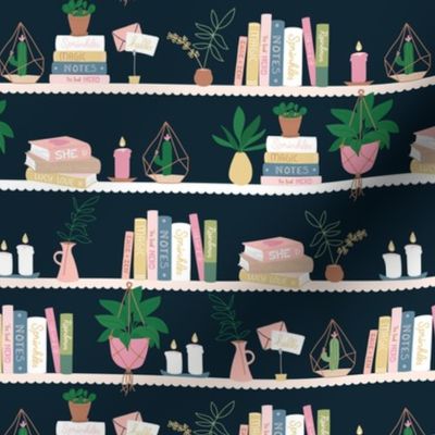 Sweet Scandinavian interior bookcase with plants and candles green pink ginger on navy blue 