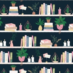 Sweet Scandinavian interior bookcase with plants and candles green pink ginger on navy blue 