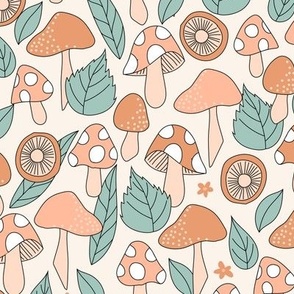 Mushroom and Leaves Boho woodland in brown teal peach