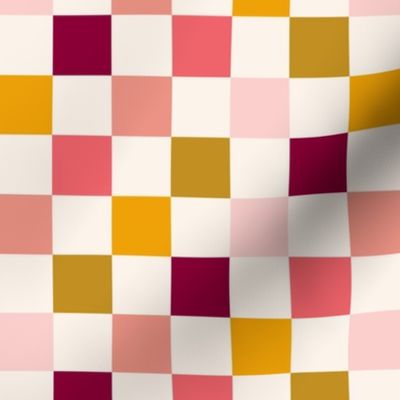 Retro Checkerboard in Beige Pink Burgundy Green Mustard Geometric Check