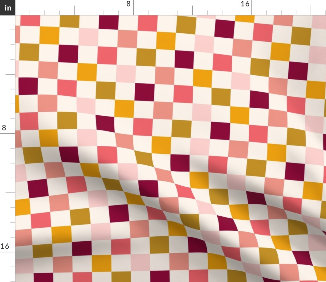 Retro Checkerboard in Beige Pink Burgundy Green Mustard Geometric Check