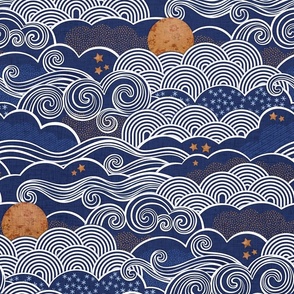 Cozy Night Sky Navy Blue Medium- Full Moon and Stars Over the Clouds- Indigo- Gold- Mustard- Home Decor- Wallpaper