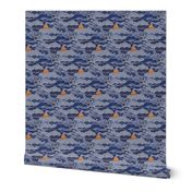 Cozy Night Sky Navy Blue Small- Full Moon and Stars Over the Clouds- Indigo- Gold- Mustard- Home Decor- Wallpaper