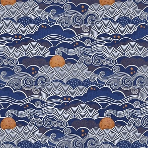 Cozy Night Sky Navy Blue Small- Full Moon and Stars Over the Clouds- Indigo- Gold- Mustard- Home Decor- Wallpaper