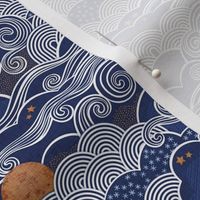 Cozy Night Sky Navy Blue Mini- Full Moon and Stars Over the Clouds- Indigo- Gold- Mustard- Home Decor- Wallpaper