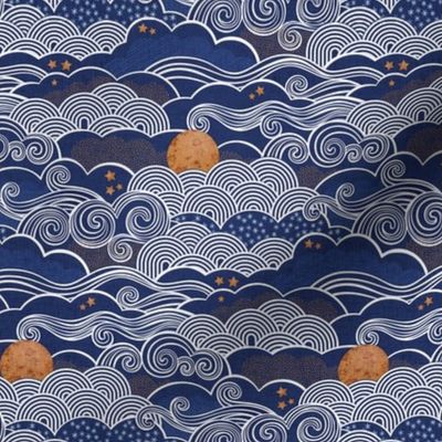 Cozy Night Sky Navy Blue Mini- Full Moon and Stars Over the Clouds- Indigo- Gold- Mustard- Home Decor- Wallpaper