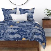Cozy Night Sky Navy Blue Extra Large- Full Moon and Stars Over the Clouds- Indigo Blue- Relaxing Home Decor- Nursery Wallpaper- Large Scale