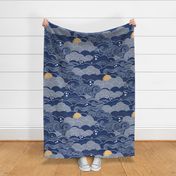 Cozy Night Sky Navy Blue Extra Large- Full Moon and Stars Over the Clouds- Indigo Blue- Relaxing Home Decor- Nursery Wallpaper- Large Scale