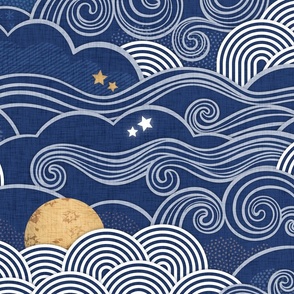 Cozy Night Sky Navy Blue Extra Large- Full Moon and Stars Over the Clouds- Indigo Blue- Relaxing Home Decor- Nursery Wallpaper- Large Scale