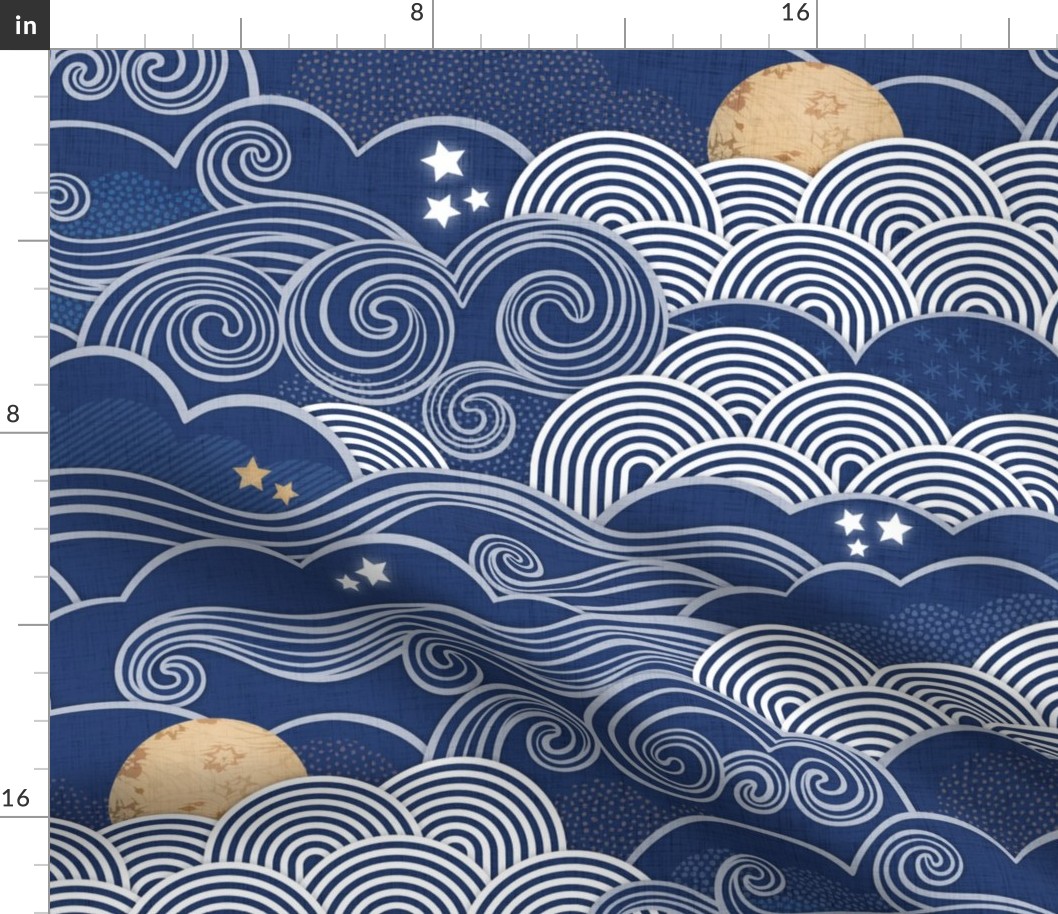 Cozy Night Sky Navy Blue Large- Full Moon and Stars Over the Clouds- Indigo Blue- Relaxing Home Decor- Nursery Wallpaper- Large Scale