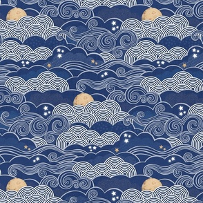 Cozy Night Sky Navy Blue Small- Full Moon and Stars Over the Clouds- Indigo Blue- Relaxing Home Decor- Gender Neutral Nursery Wallpaper- Large Scale