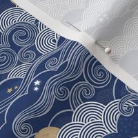 Cozy Night Sky Navy Blue Mini- Full Moon and Stars Over the Clouds- Indigo Blue- Relaxing Home Decor- Gender Neutral Nursery Wallpaper- Small Scale