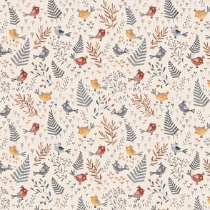 Red and yellow Birds and wildflowers folk pattern