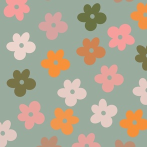 Retro Daisies on Repeat - Blue Teal Green Orange Pink