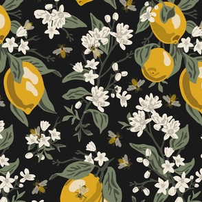 Bees And Lemons - Custom Dusty Green Leaves - Black (K90) - Large