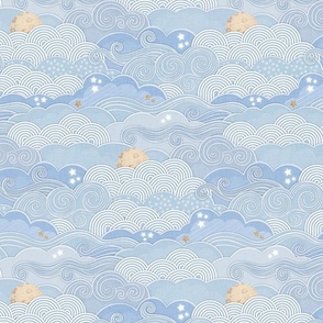 Cozy Night Sky Pastel Blue Small- Full Moon and Stars Over the Clouds- Light Blue Fabic- Neutral- Relaxing Home Decor- Nursery Wallpaper- Baby- Small Scale- Quilt Blender