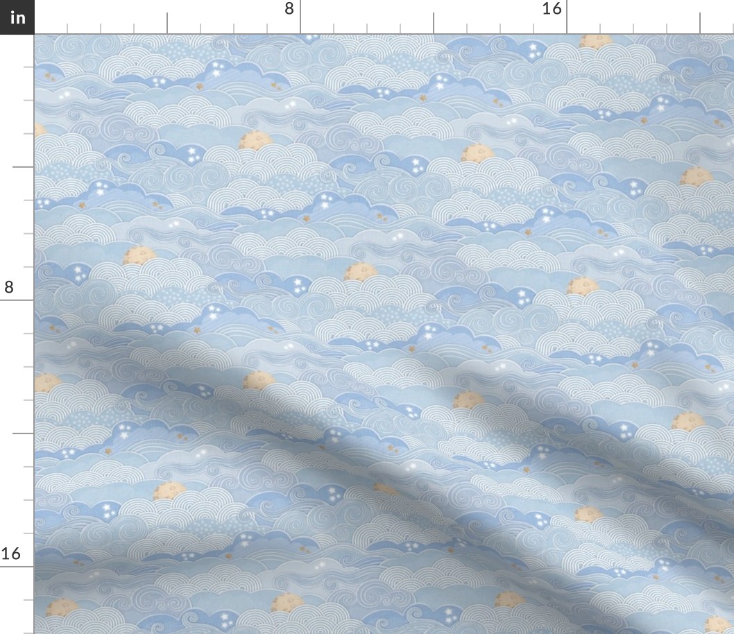 Cozy Night Sky Pastel Blue Mini- Full Moon and Stars Over the Clouds- Light Blue Fabic- Neutral- Relaxing Home Decor- Nursery Wallpaper- Baby- Small Scale- Quilt Blender