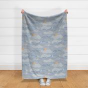 Cozy Night Sky Gray Blue Large- Full Moon and Stars Over the Clouds- Slate Blue- Neutral- Relaxing Home Decor- Nursery Wallpaper- Large Scale