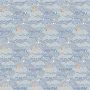 Cozy Night Sky Gray Blue Mini- Full Moon and Stars Over the Clouds- Slate Blue- Neutral- Relaxing Home Decor- Nursery Wallpaper- Small Scale- Quilt Blender