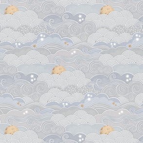 Cozy Night Sky Light Gray Blue Small- Full Moon and Stars Over the Clouds- Slate Blue- Greige- Grey- Silver- Neutral- Relaxing Home Decor- Nursery Wallpaper- Baby