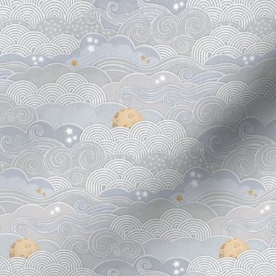 Cozy Night Sky Light Gray Blue Mini- Full Moon and Stars Over the Clouds- Slate Blue- Greige- Grey- Silver- Neutral- Relaxing Home Decor- Nursery Wallpaper- Baby- Quilt Blender