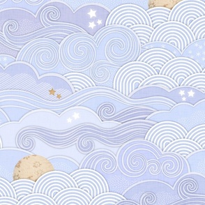 Cozy Night Sky Periwinkle Large- Full Moon and Stars Over the Clouds- Light Blue- Lilac- Lavender- Relaxing Home Decor- Nursery Wallpaper- Large Scale