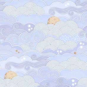 Cozy Night Sky Periwinkle Medium- Full Moon and Stars Over the Clouds- Light Blue Fabric- Lilac- Lavender- Relaxing Home Decor- Nursery Wallpaper- Baby