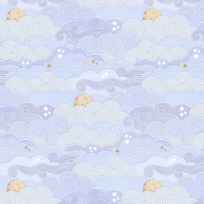 Cozy Night Sky Periwinkle Small- Full Moon and Stars Over the Clouds- Light Blue Fabric- Lilac- Lavender- Relaxing Home Decor- Nursery Wallpaper- Baby