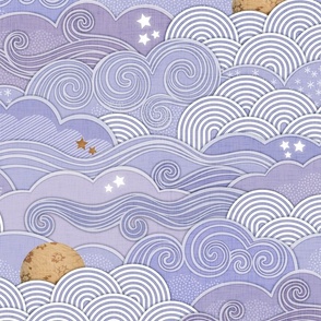 Cozy Night Sky Purple- Large- Full Moon and Stars Over the Clouds- Violet- Lilac- Lavender- Relaxing Home Decor- Nursery Wallpaper- Large Scale