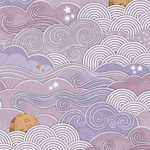 Cozy Night Sky Violet- Large- Full Moon and Stars Over the Clouds- Purple- Lilac- Lavender- Relaxing Home Decor- Nursery Wallpaper- Large Scale