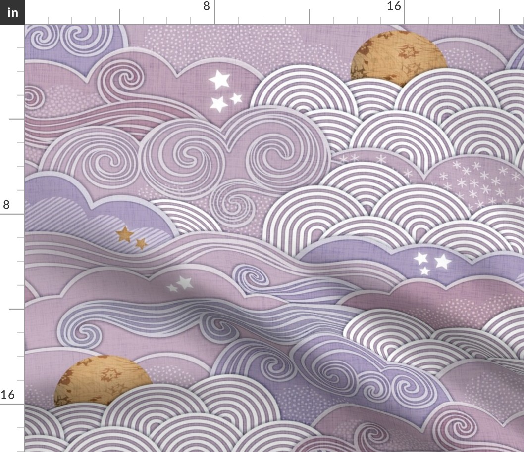 Cozy Night Sky Violet- Large- Full Moon and Stars Over the Clouds- Purple- Lilac- Lavender- Relaxing Home Decor- Nursery Wallpaper- Large Scale